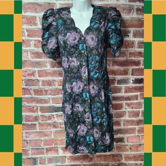 Vintage 80s AllβThat Jazz Yellow Dress 13/14 Puff Sleeve Button Sheath V Neck - Picture 1 of 7